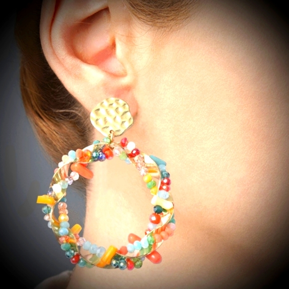 NEW! Multicolored Color Enhanced Coral & Glass Drop Hoop Earrings in Goldtone. - Picture 11 of 12